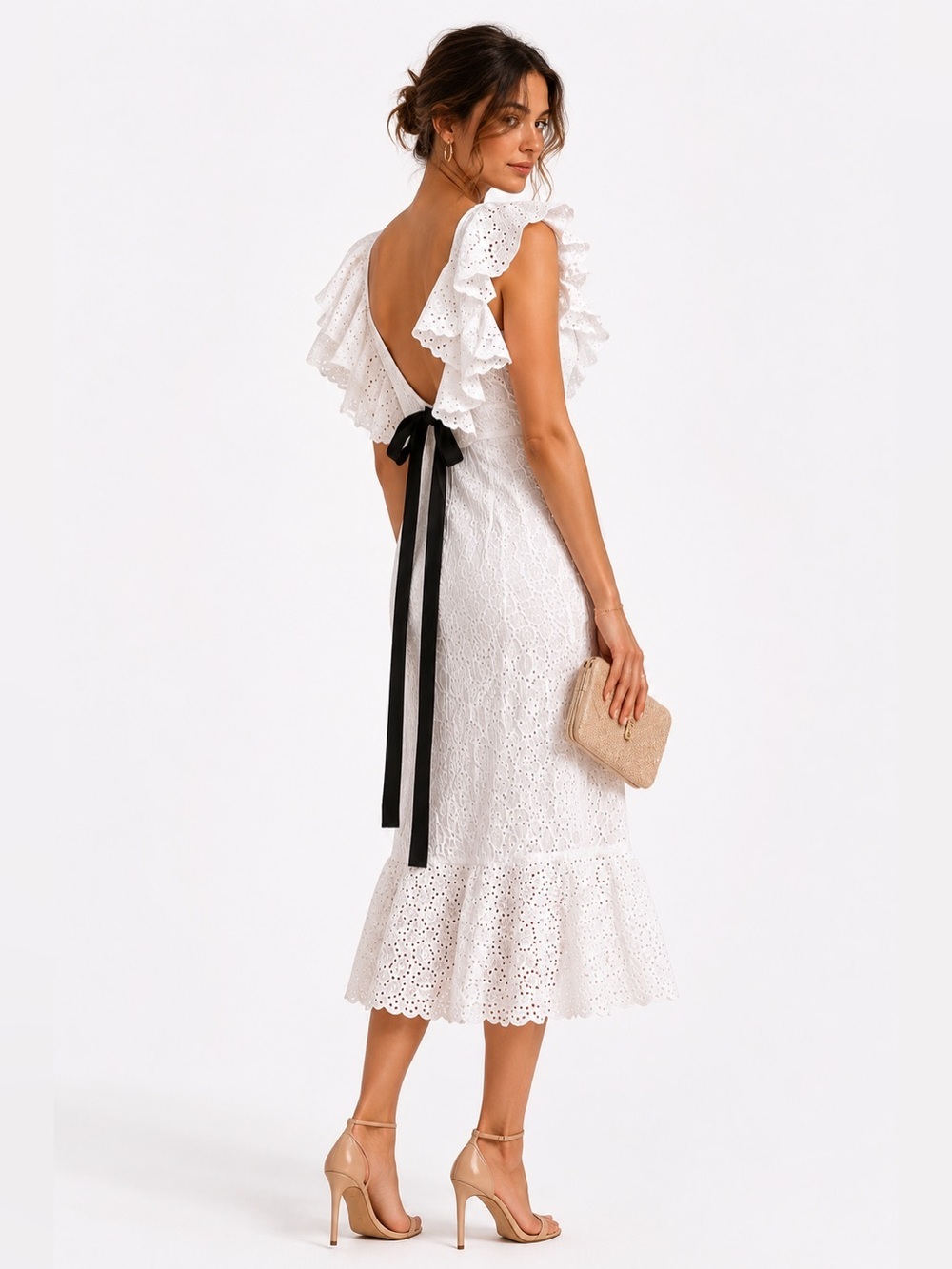 Saloni Ella White Eyelet Ruffle Midi Dress Open Back Bow Size 0